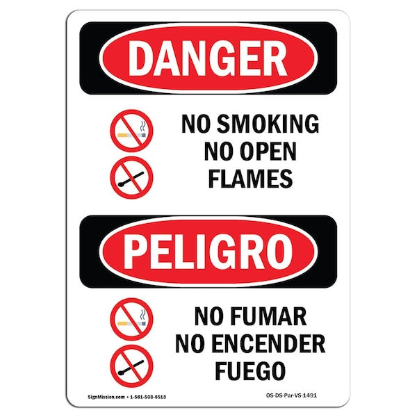 Safety Sign, OSHA Danger, 24" Height, Aluminum, No Smoking No Open Flames Spanish